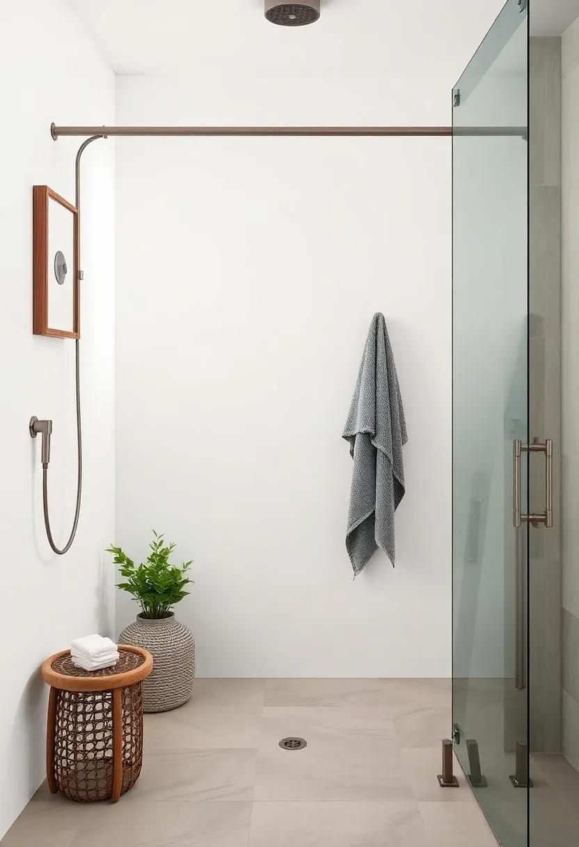 Utilize a vintage-inspired ladder for hanging towels, balancing modern styles with warm, rustic charm in your minimalist oasis