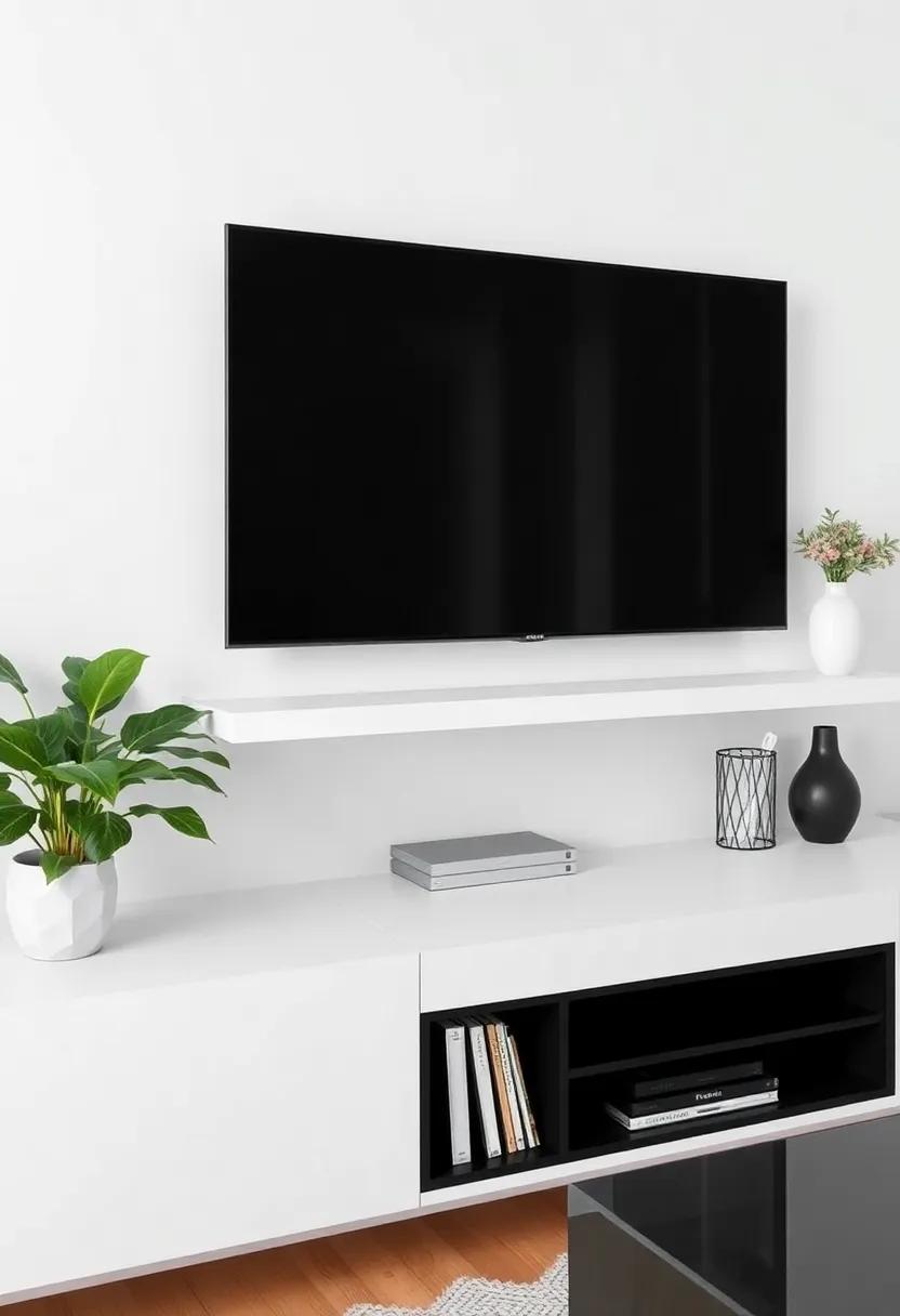 Monochromatic Shelfies: Use white shelves⁤ for decor matching the television for a cohesive look that enhances the minimalist aesthetic