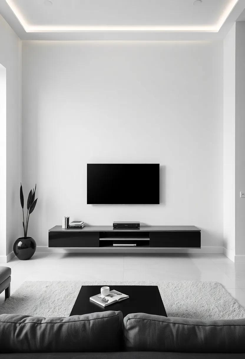 Monochrome Magic: Black and white decor makes a ‍striking statement,with the TV as a focal⁢ point against a minimalist palette