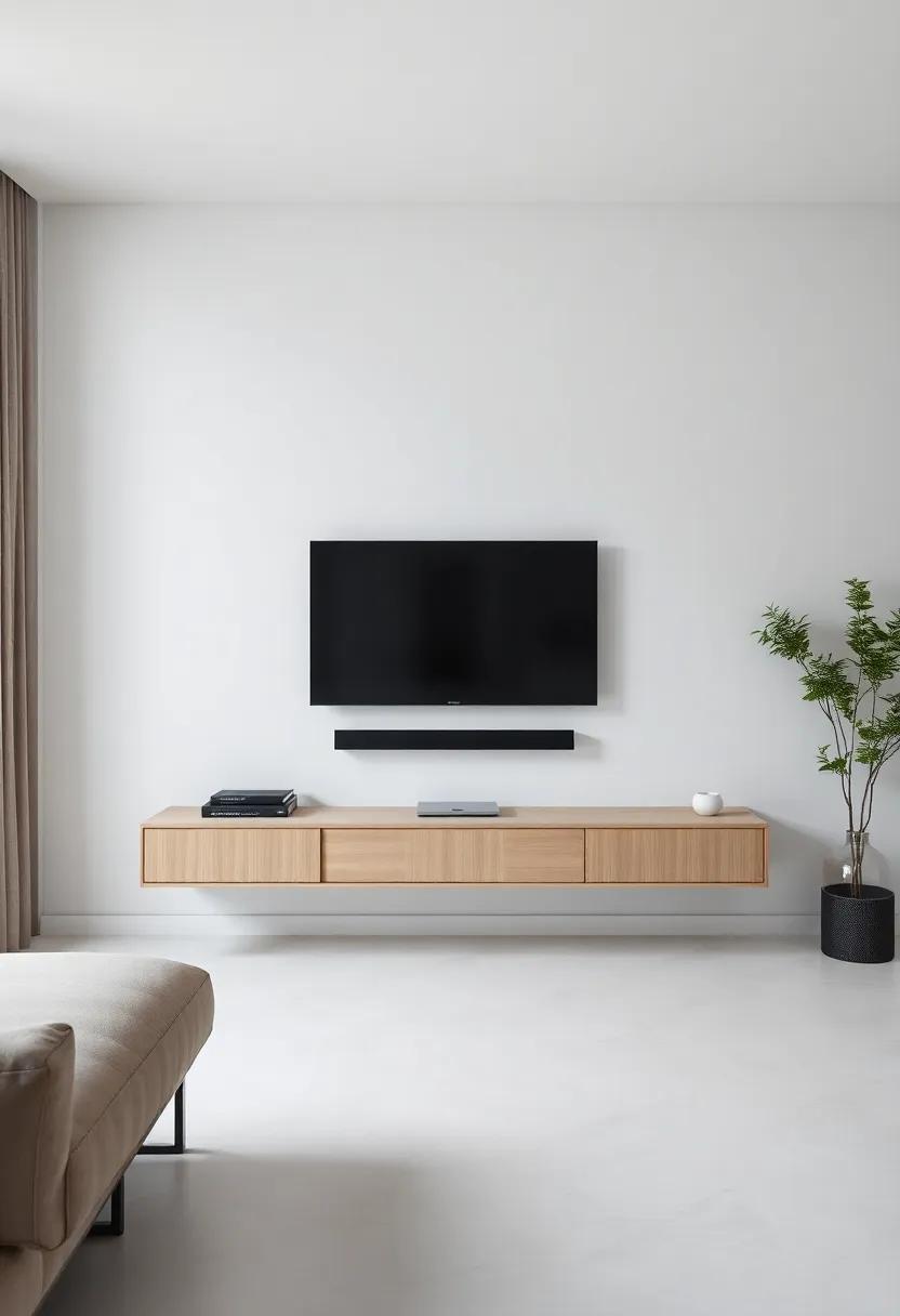 Simple ​Floating ​Media Console: A sleek floating media console ⁤beneath your TV provides storage while keeping the floor space open and airy