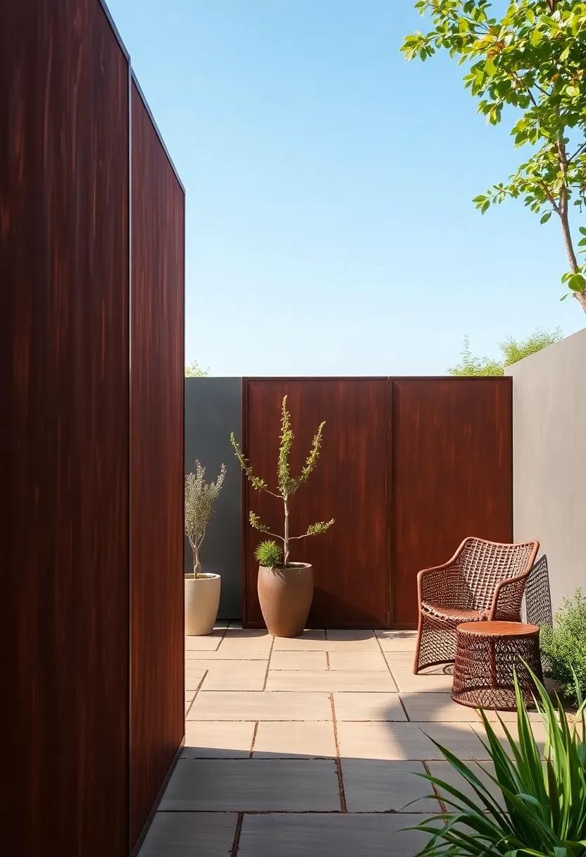 Corten Steel Screens: Bring a touch ⁢of modern elegance to your patio⁣ with corten steel ⁣screens that ​age beautifully and become a striking focal point
