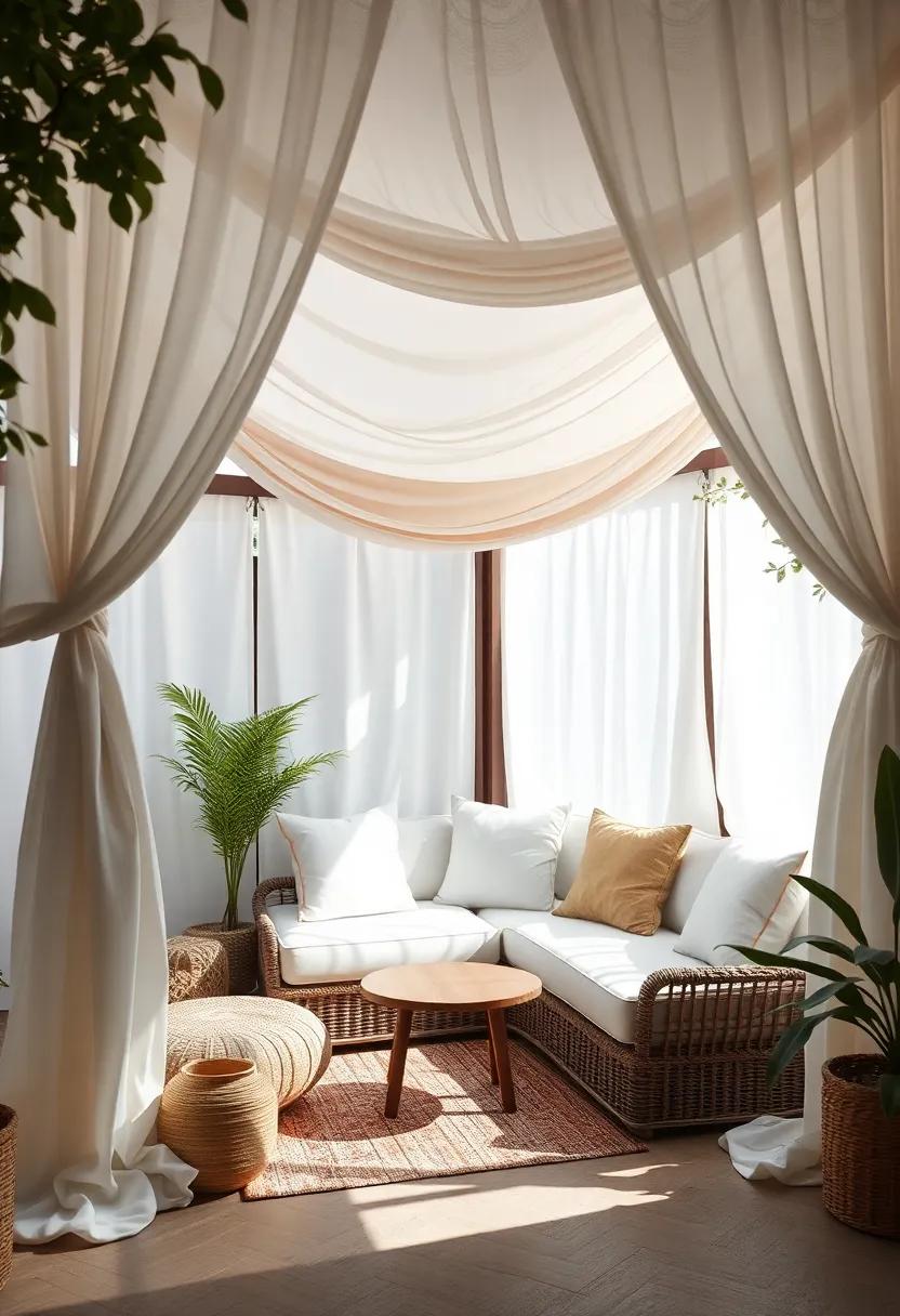 Cozy Nook with Canopy: Create a‍ cozy nook ⁣with draped fabric‌ and cushions under a stylish canopy, ⁢ensuring a peaceful escape hidden from ​the outside world