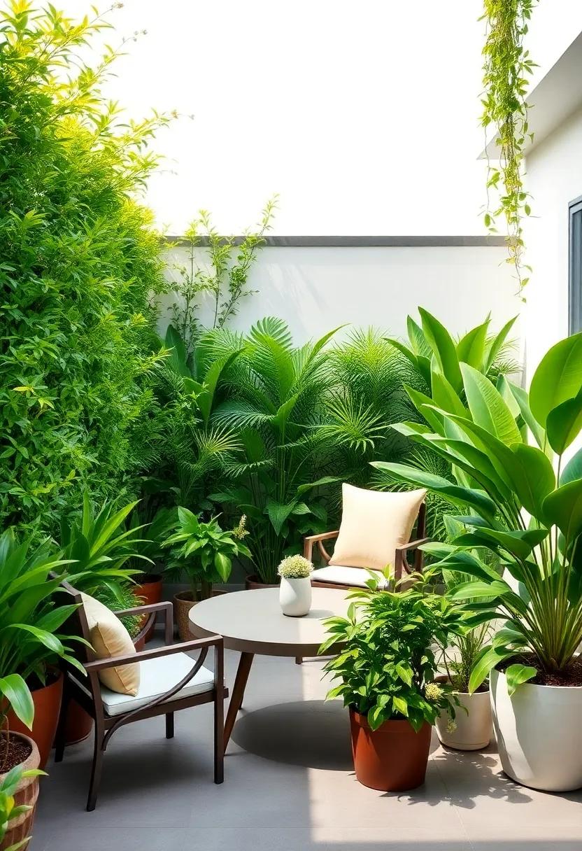 Lush Greenery: Transform your patio into a serene oasis with tall,vibrant plants surrounding your space,creating a natural green barrier