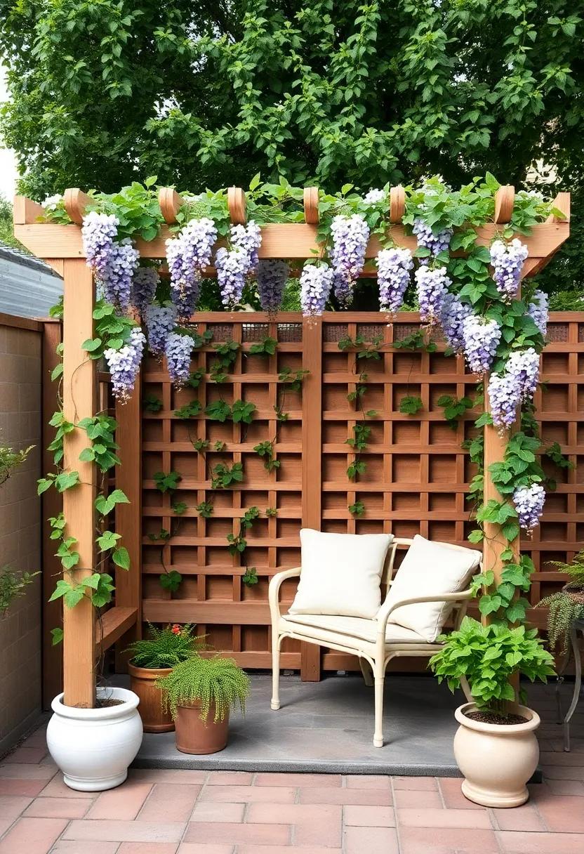 Trellis with Climbing Vines: Enhance your outdoor escape with a trellis ⁣adorned ⁣with climbing vines like wisteria or jasmine⁤ for a fragrant⁣ and picturesque enclosure