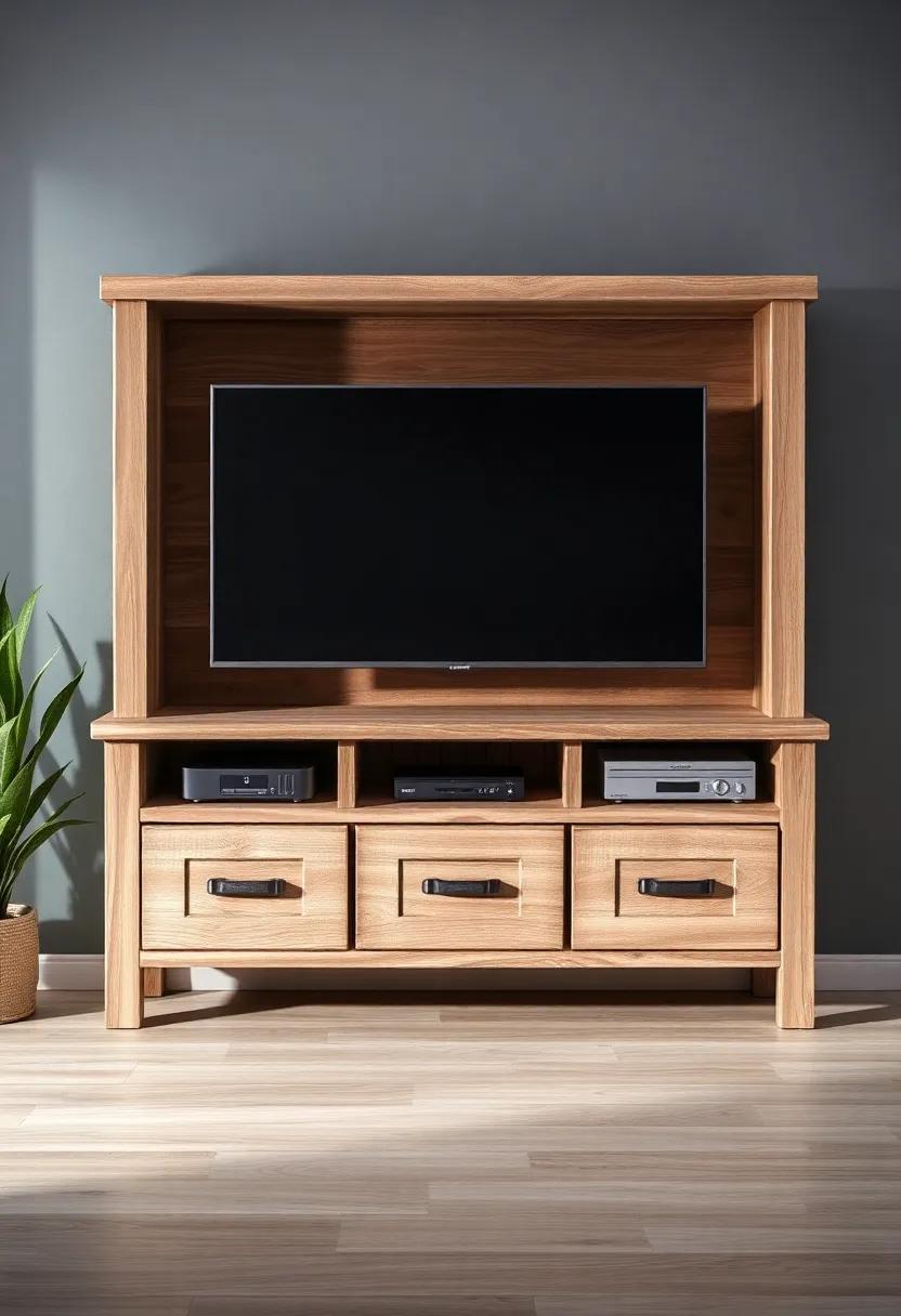Rustic TV ⁤Stand with Storage: A ⁣weathered wooden TV⁣ stand not only anchors ​your television⁤ but includes drawers and shelving for essential electronics and media