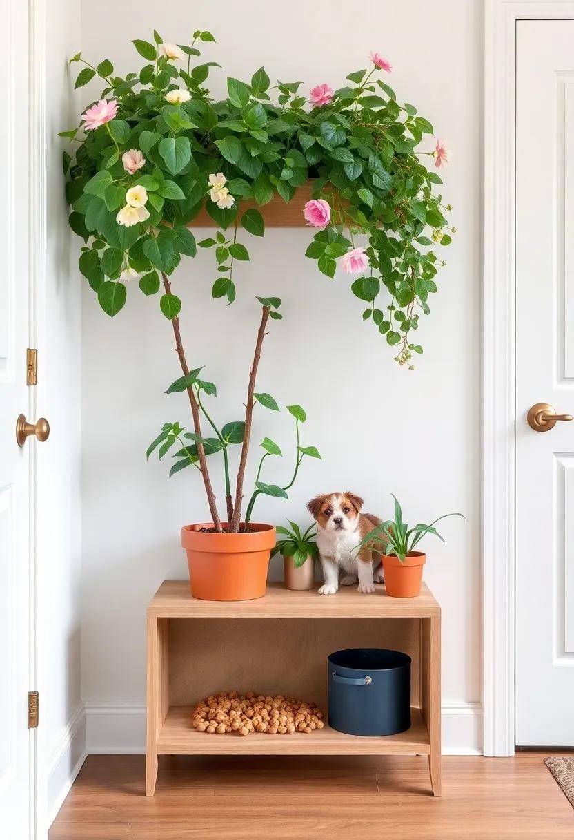 Conclude your​ entryway tour with a⁢ flowering plant ​station that​ doubles⁣ as pet storage, hiding food ⁤and toys behind botanical beauty, marrying nature and practicality