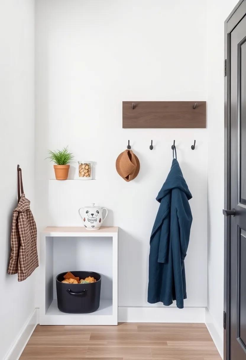 Capture ​modern ‍minimalism by⁢ integrating a ⁣built-in shelf with a ceramic water dish and⁣ stylish bins for stored snacks beside a sleek, floating ⁤coat rack