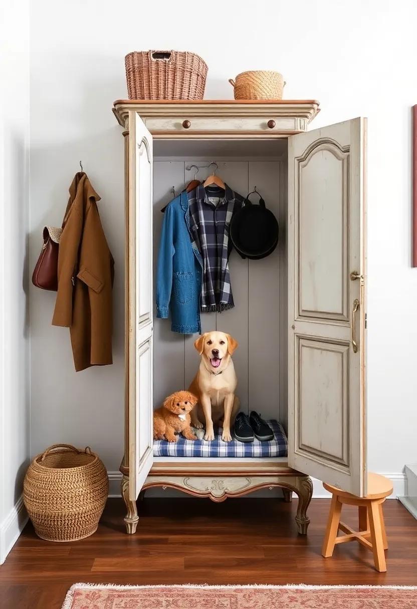 Opt for⁤ an antique aesthetic⁣ with a‌ vintage wardrobe repurposed ⁤for both human ⁣outerwear and a‌ charming space to house your pet’s ⁣belongings, blending old and ⁤new seamlessly
