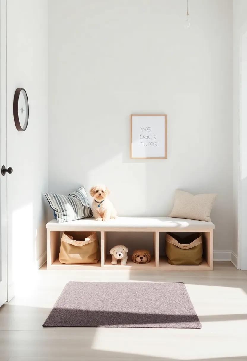 Discover‌ the⁢ joys of rustic styling with a⁣ reclaimed ⁣wood bench‍ featuring a bottom shelf perfect for storing pet ‍food and a built-in spot for⁣ dog beds