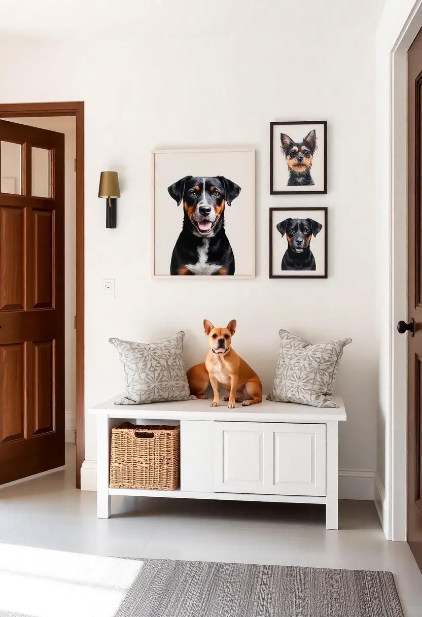 turn⁣ your entry ​into‌ a‍ greeting zone ⁣with ​a personalized dog portrait ‌gallery⁢ above a custom-built storage bench, ​celebrating your furry friend’s personality