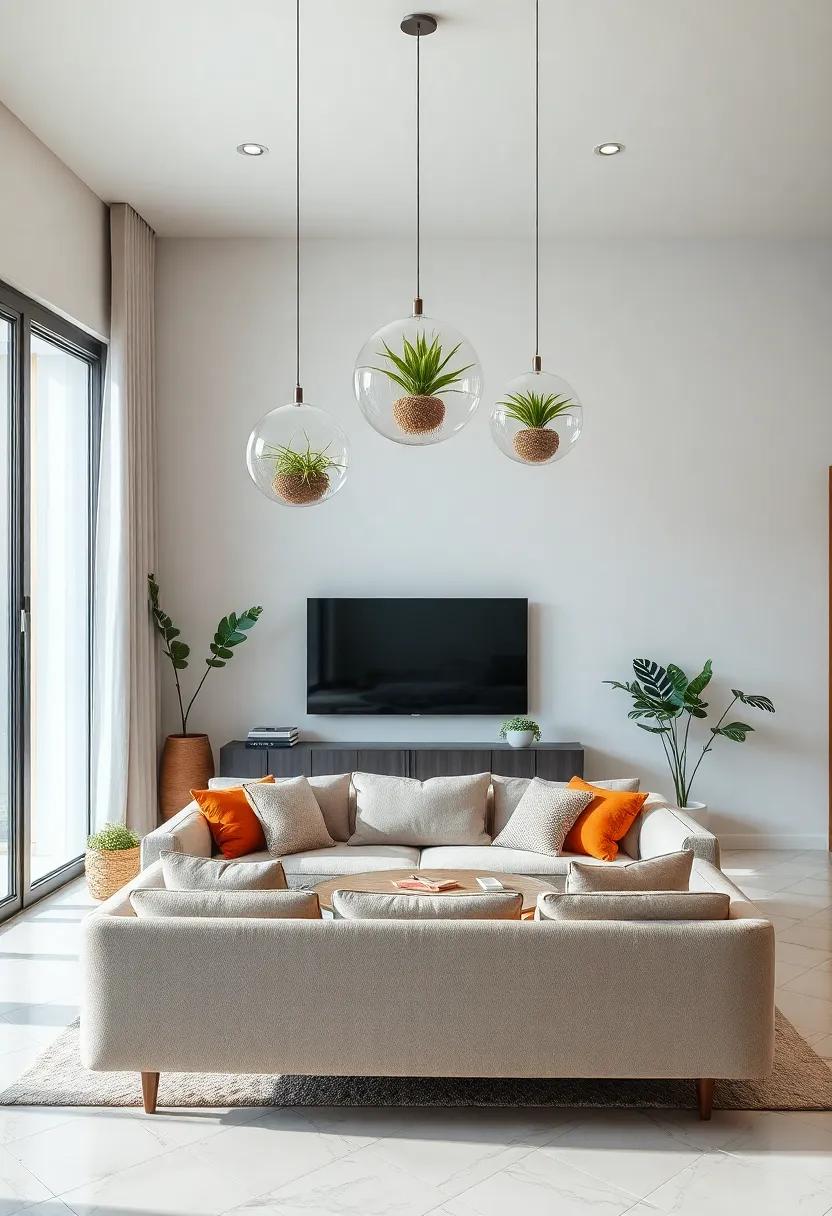 Brighten Minimalist Interiors with ⁣Clear Glass Globes Containing Air Plants Hovering Above a Sleek Sofa Arrangement