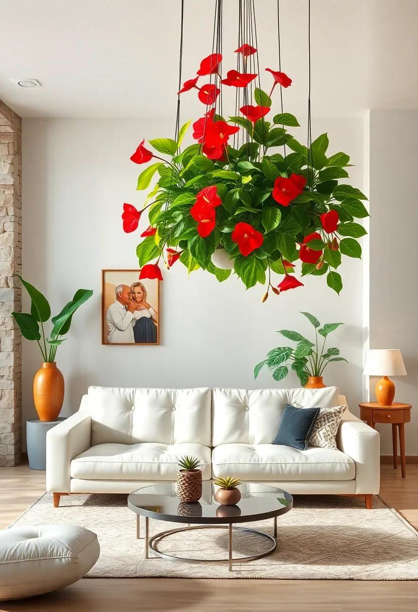 Bright ‌Pop of‌ Color from ‌Hanging ⁢Red Anthuriums Above‌ a White Leather Couch Creating an Eye-Catching Focal Point