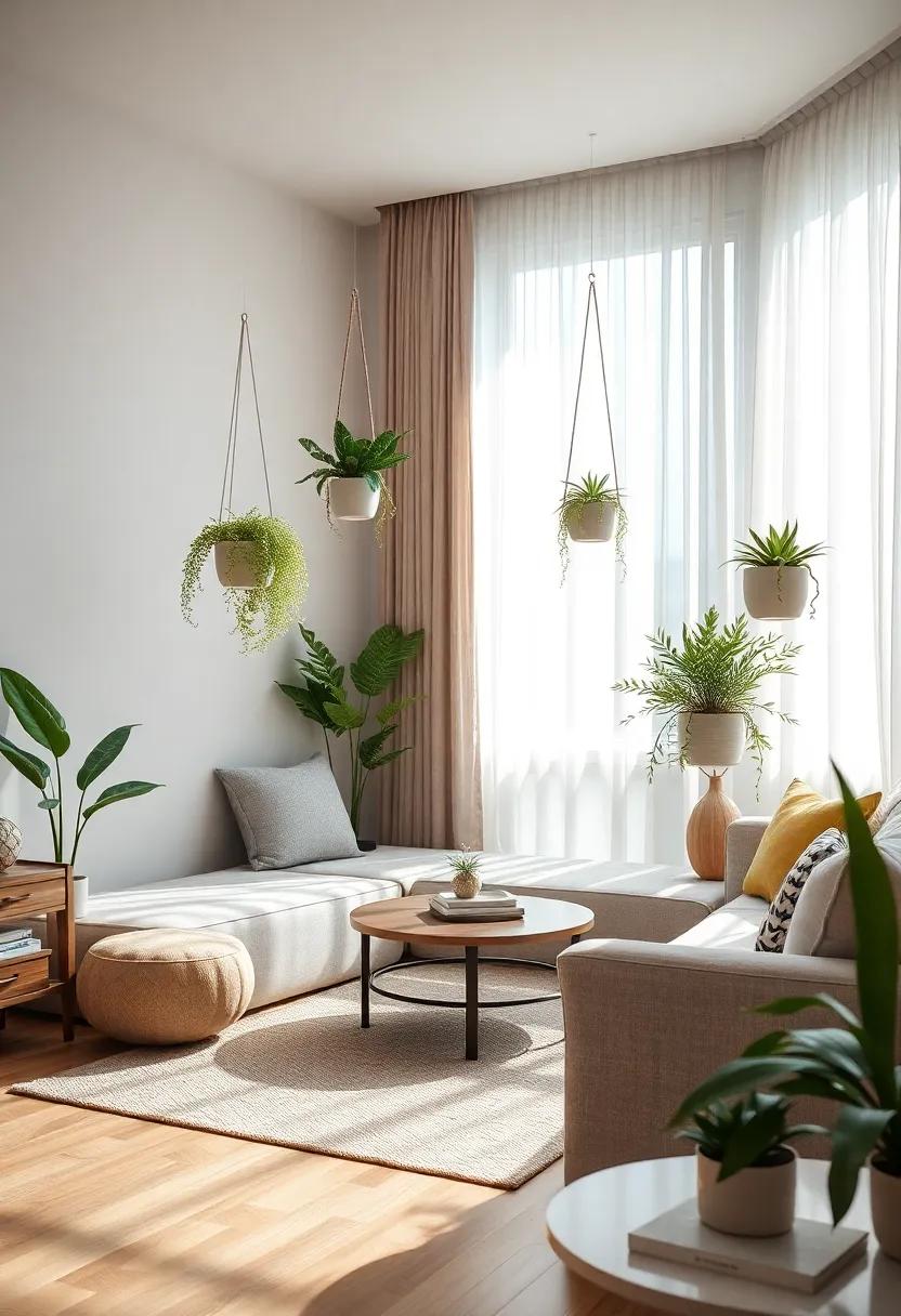Soft Sunlight Filtering Through Sheer Curtains Illuminates‍ a​ Living Room Adorned with Hanging Succulents in Ceramic Pots