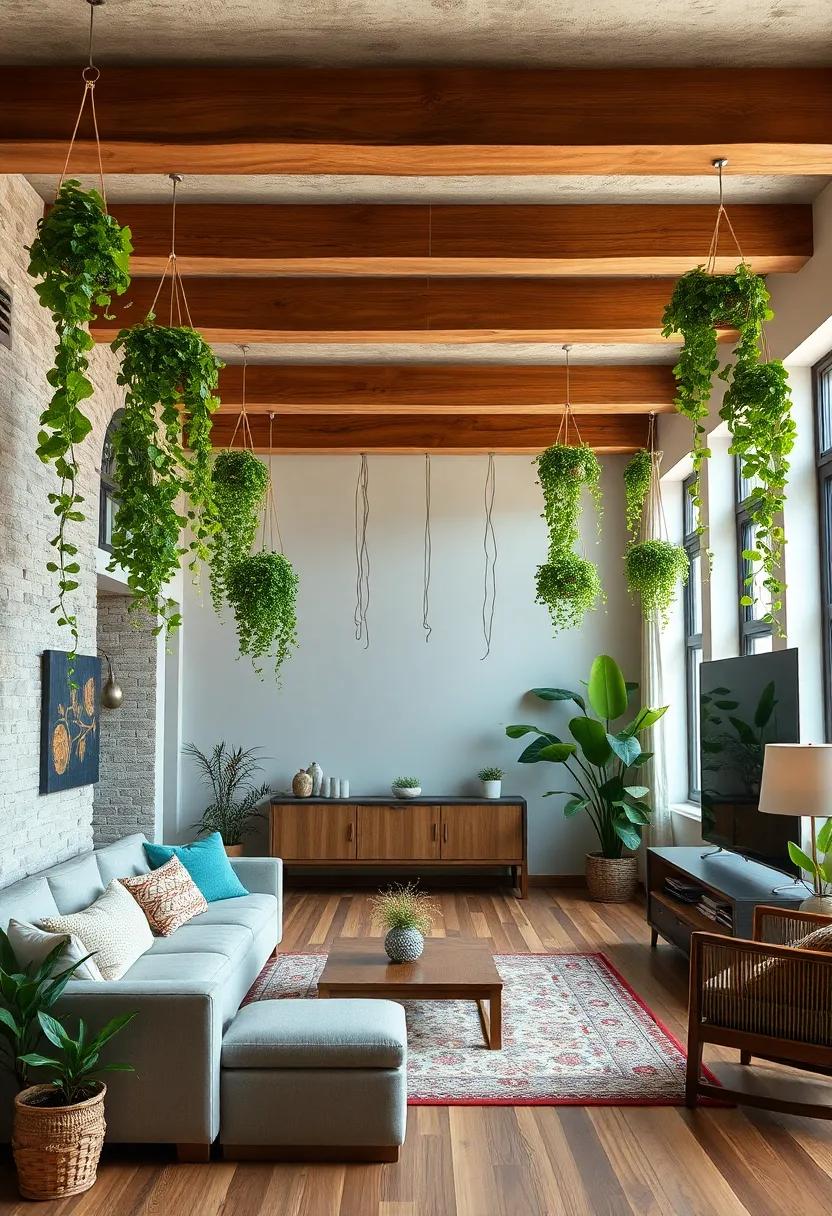 Vintage ⁢Wooden Beams Supporting an Array of Hanging Ivy Plants that Add Depth and Character to a Modern Apartment