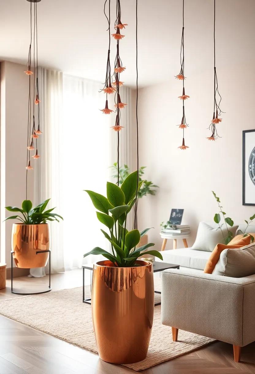 Shimmering copper Planters ⁢with Delicate Hanging Wax Flowers Adding Elegance and a Hint of Warmth⁣ to Bright Interiors