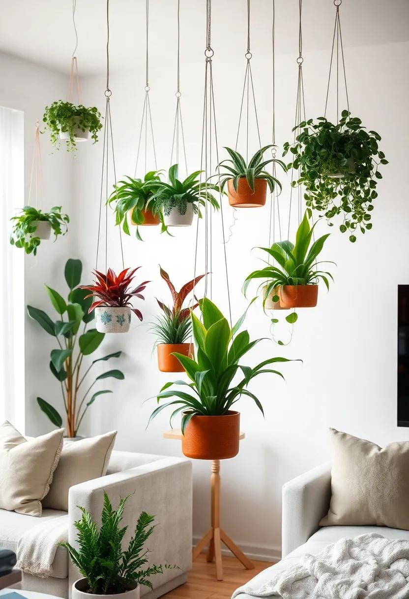 Cluster of Mixed Hanging Plants in Artistic Ceramic Containers Providing a Dynamic Visual Contrast Against White ‌Walls