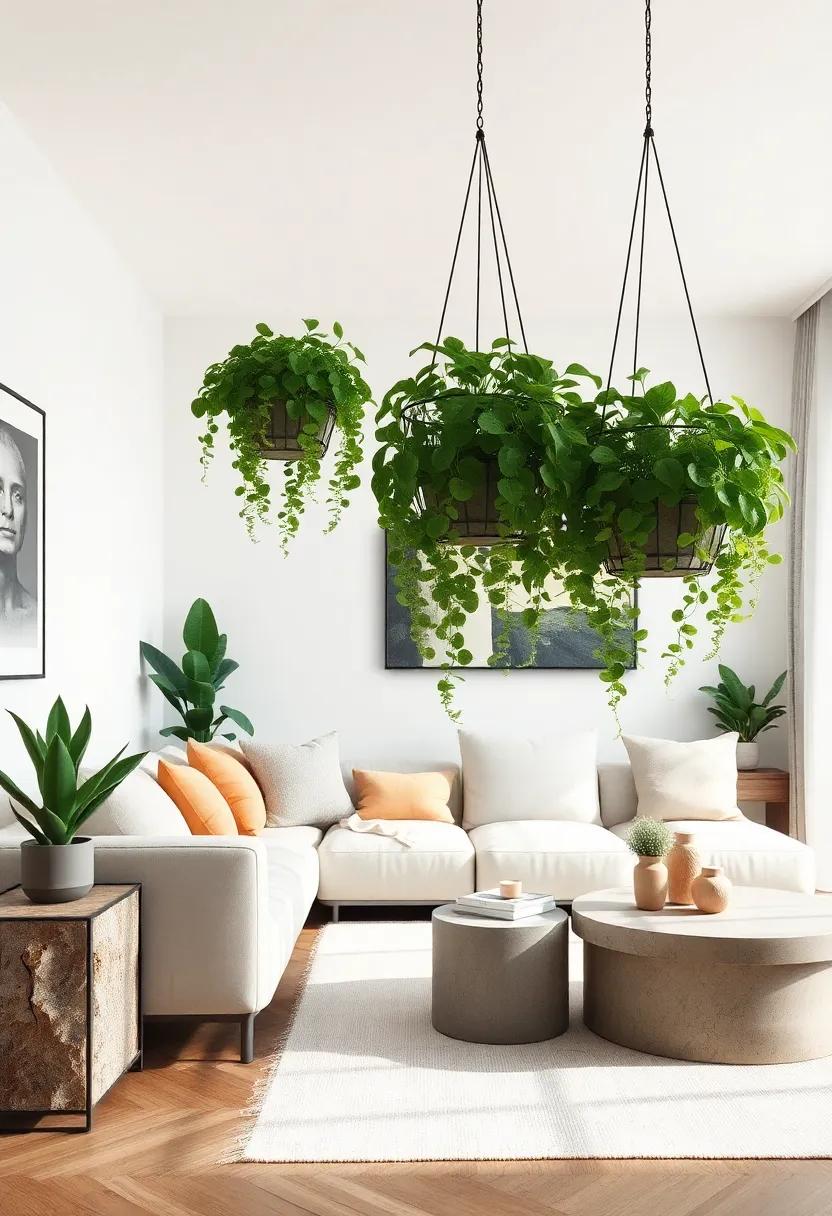 Minimalist Black Wire Baskets Holding Cascading Philodendrons Paired with Concrete Elements to​ Blend​ Softness⁤ and Structure