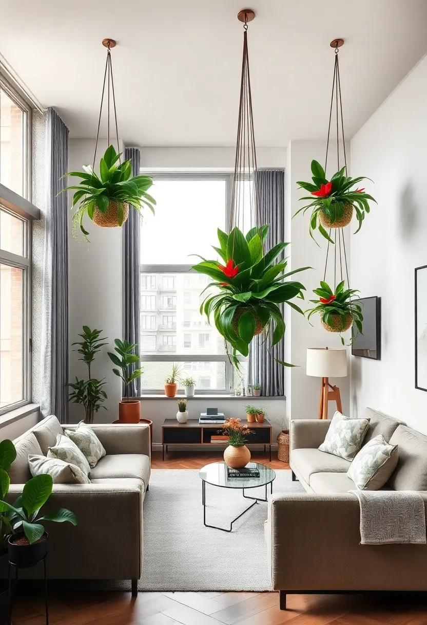 Large Statement Plant Hangings ⁢Featuring Colorful Bromeliads That Bring Tropical Flair to a Compact Urban Apartment