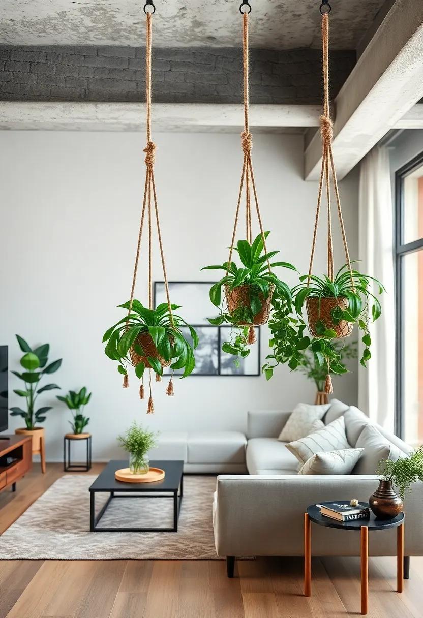 Natural⁢ Jute ​and Rope Plant Hangers Suspended from Exposed Ceiling Hooks⁢ Adding Rustic Charm to an Industrial Living Room