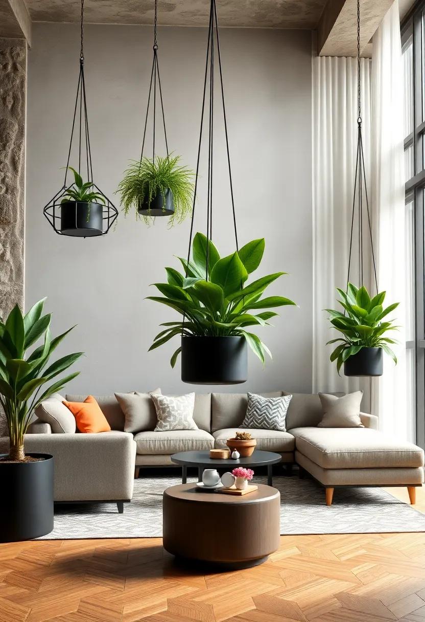 Symmetrical Arrangement of Matte ​Black Metal Plant Holders with Lush Greenery Enhancing Clean ‌Lines in a Contemporary Room