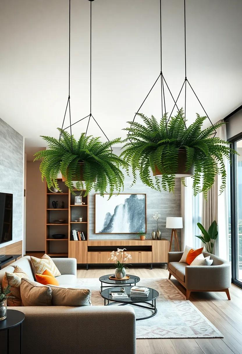 geometric Metal Planter Frames Suspended from​ Ceiling with Thriving Fern Clusters Blending Modern Design and Nature