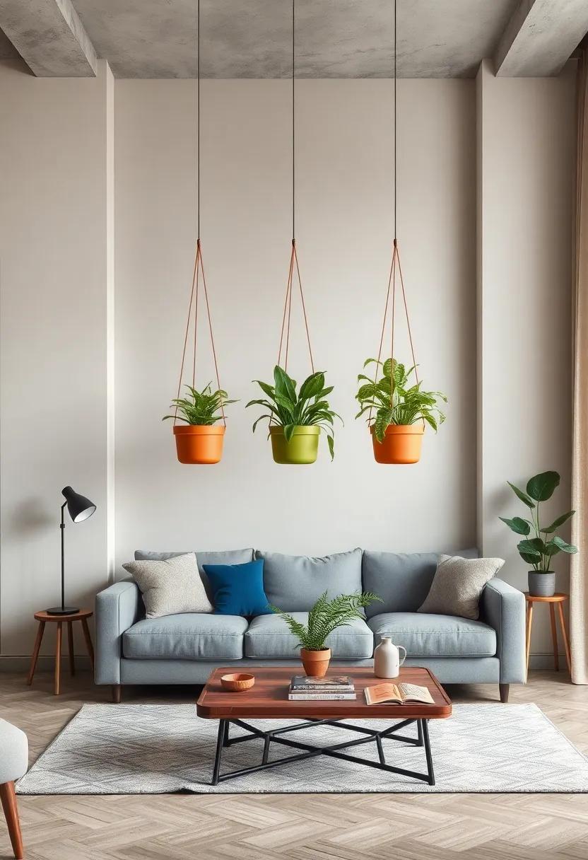 A Trio of​ Colorful Hanging Planters Positioned Above a Vintage Coffee ‌Table to Infuse Energy and Life Into a Cozy ⁤Space