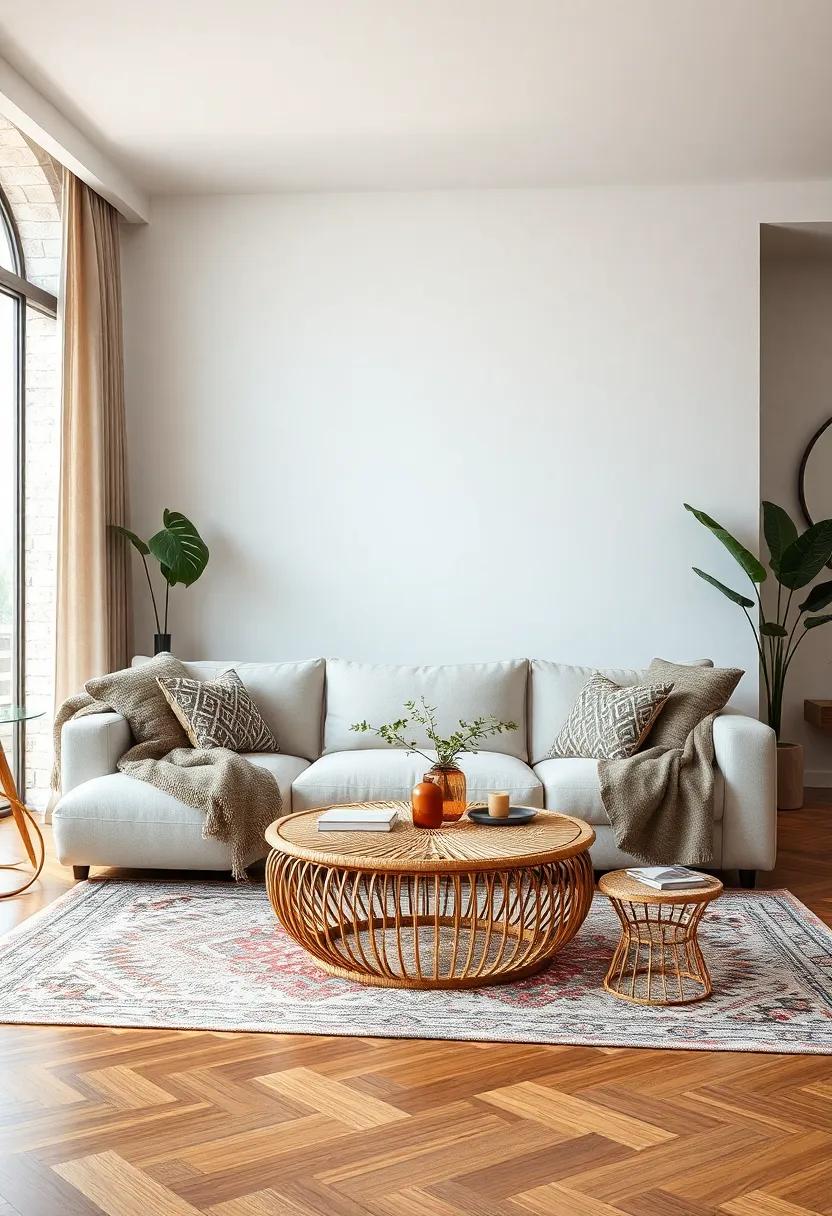 Style‍ a bohemian living room with ⁣a ‍plush sectional covered in patterned throws and⁢ a handcrafted⁣ rattan coffee table