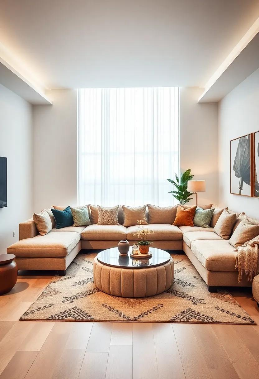 Use a sectional with ⁣chaise lounge paired with a ⁣round ottoman-style coffee table to create⁢ an inviting space perfect for lounging or⁤ entertaining