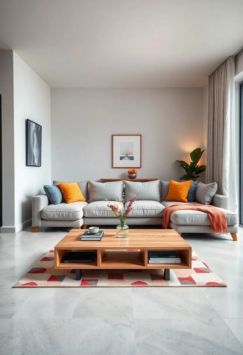 Design a multi-functional area with a sectional that ​includes built-in storage, paired with ⁤a‌ coffee table‌ featuring⁢ open shelves ⁢for convenience