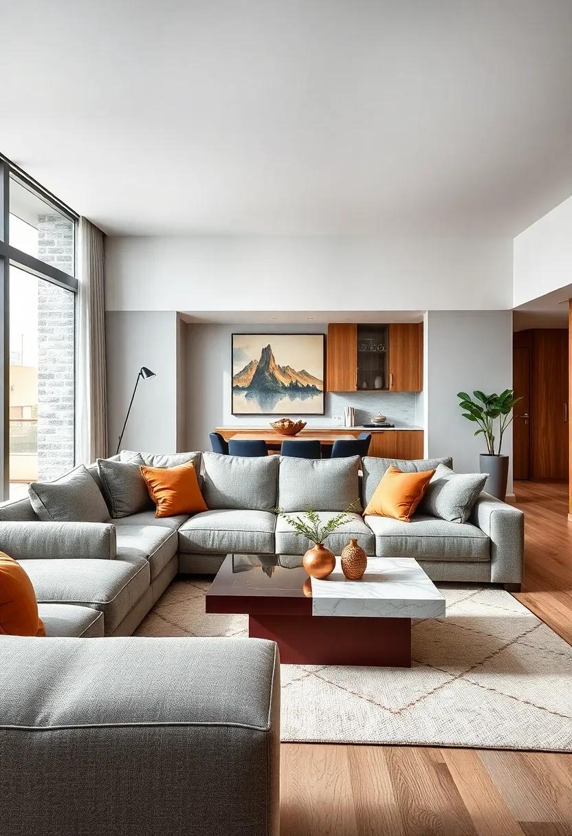 Merge comfort and contemporary design with a sectional featuring adjustable headrests and a sleek, lacquered coffee table