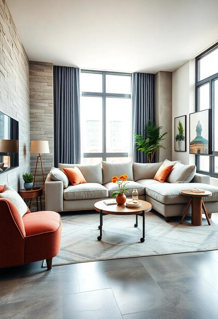 Design⁤ a compact urban apartment layout ‌by placing ⁤a loveseat​ sectional with a compact, multifunctional coffee table on caster wheels