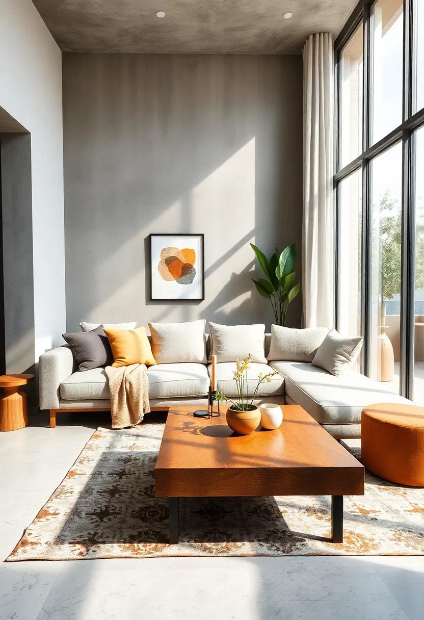 Create a ⁢welcoming⁣ nook by‍ placing a sectional against ⁤large windows, complemented by ⁢a wooden coffee table to ⁣introduce⁤ warmth and texture