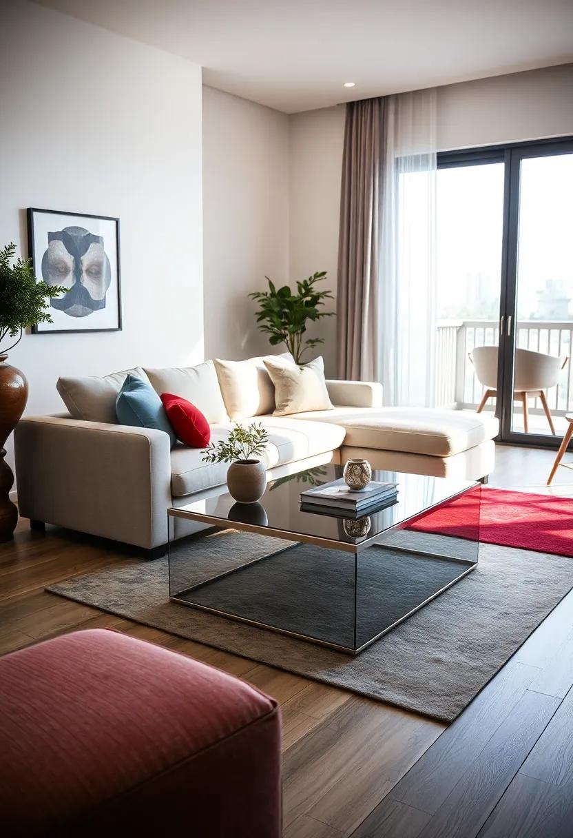 Illuminate the‍ space with a light-colored sectional and pair it⁤ with a reflective ‌mirrored coffee table for added brightness