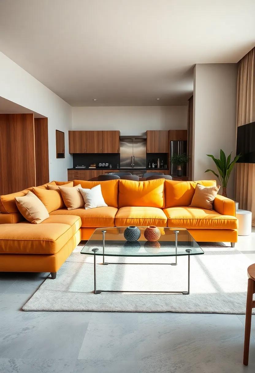 Opt for a bold-colored sectional combined ⁣with a⁤ clear glass coffee​ table to add vibrancy without ‍overwhelming the⁢ room