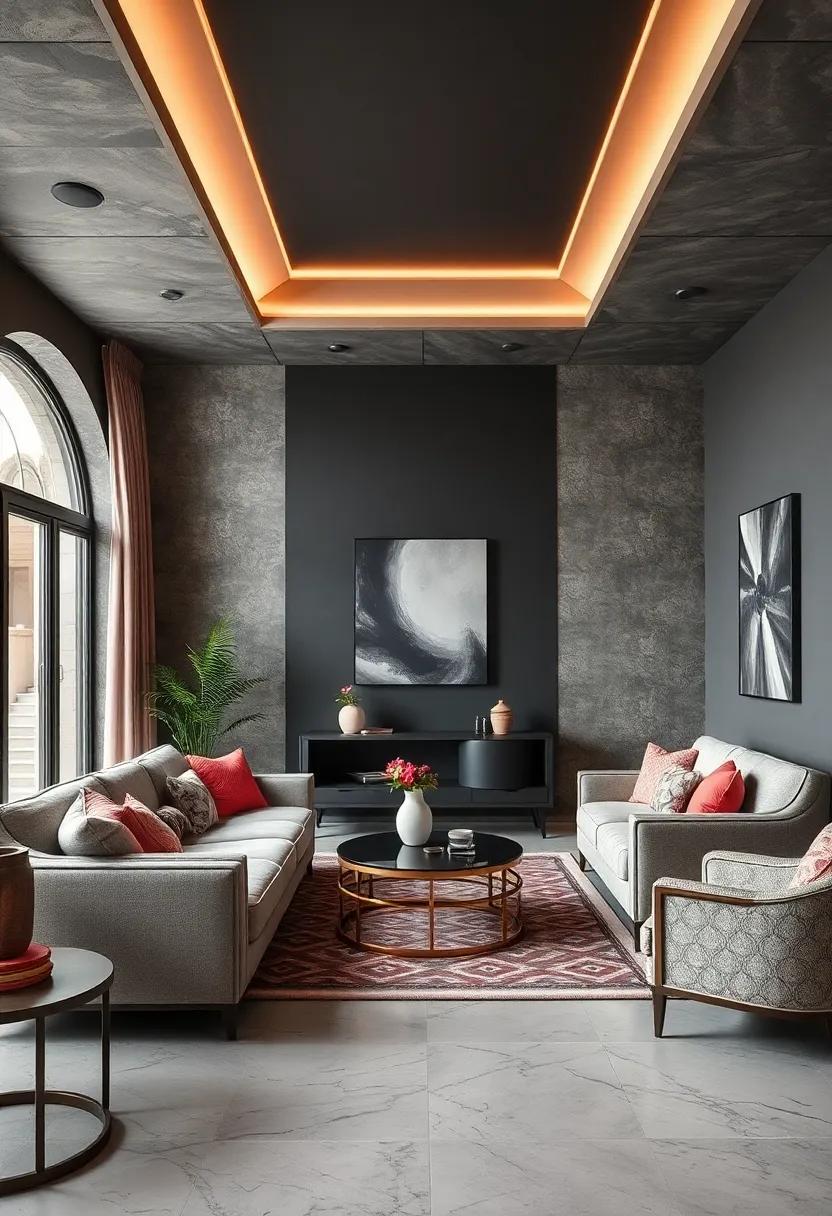 Deep Charcoal‌ Grays⁤ Accented with Opulent Rose⁣ Gold Embodying Art Deco⁣ Sophistication