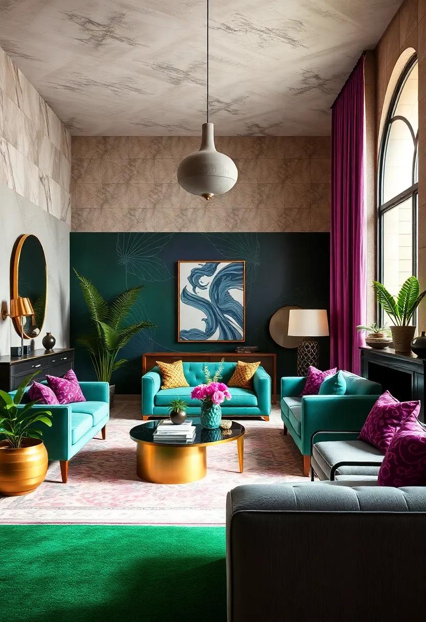 Peacock Greens ⁢and plum Purples Intertwined in a​ Lush ⁤Art‍ Deco Color story