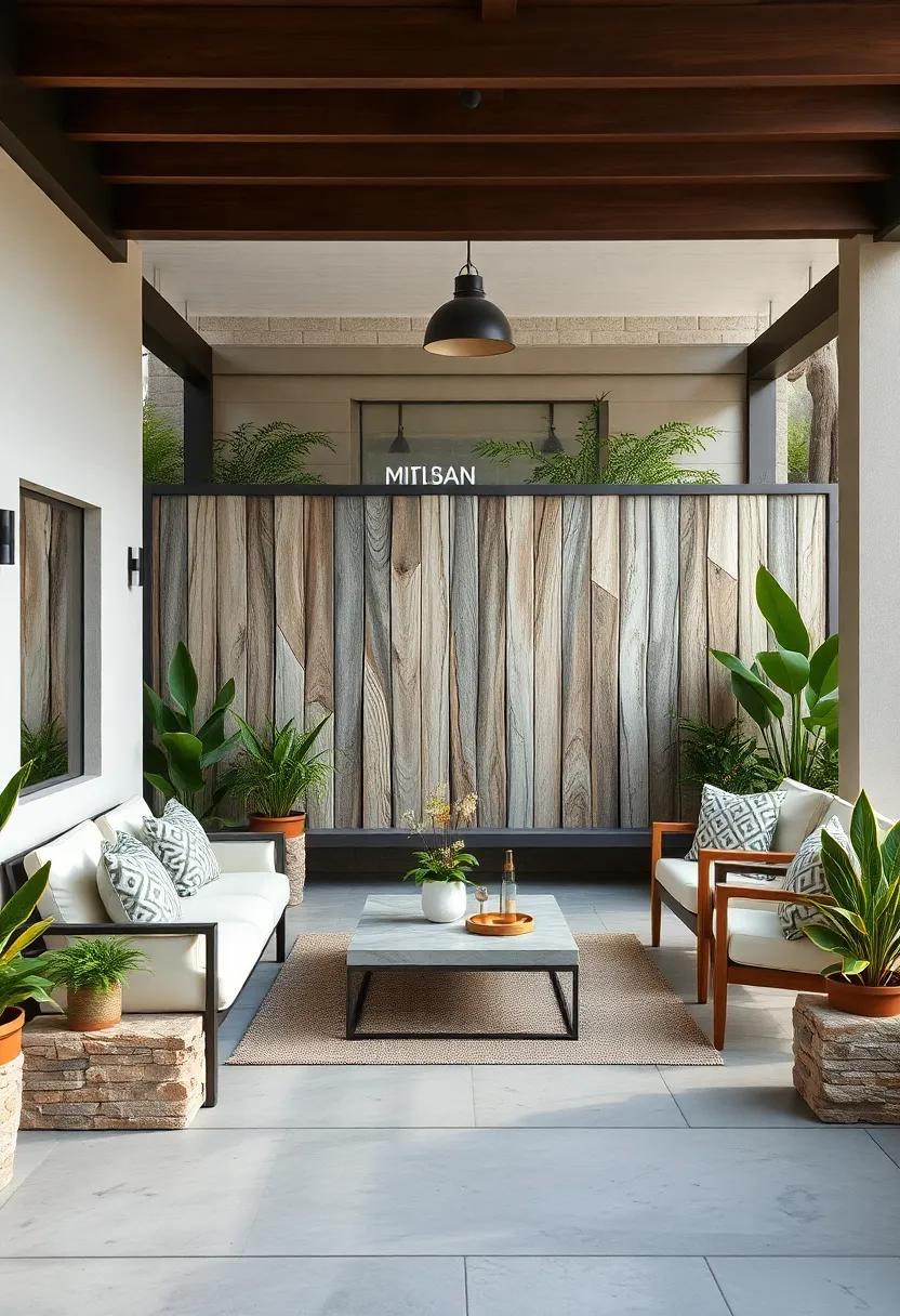 Weathered ‌Driftwood Panels Paired with Natural Stone Bases