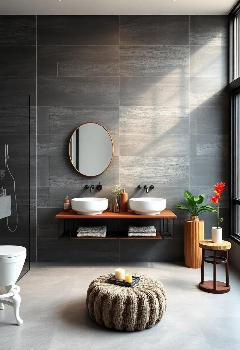 Dramatic Contrast Using Dark Slate​ Large Tiles Paired With Bright Fixtures ‍for Modern Appeal