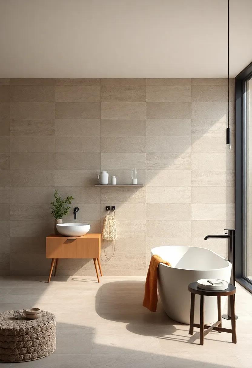 Serene Monochromatic layers Created by Varied Shades Of Large Tiles For Subtle Depth Effects
