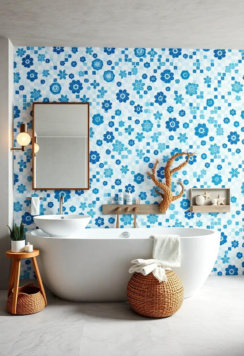 Blue and white mosaic tiles mimicking ocean tiles