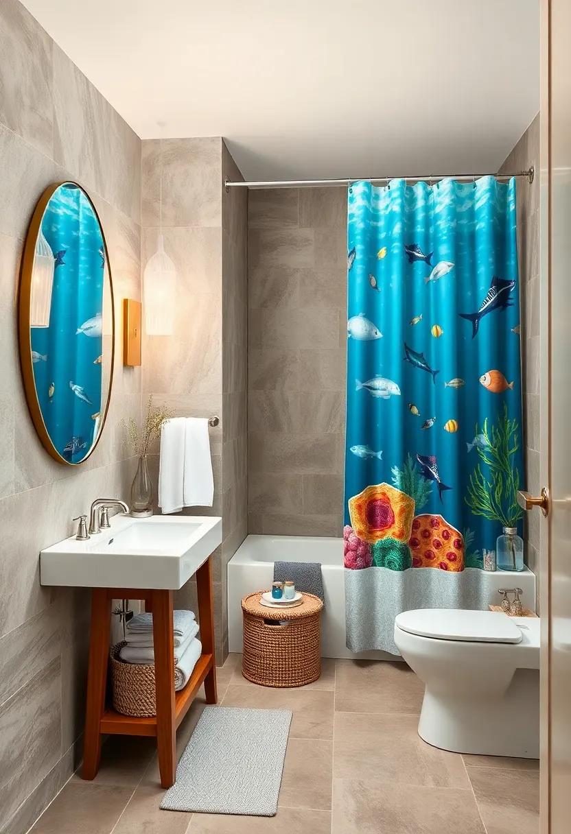 Underwater-themed shower curtains with playful marine life prints