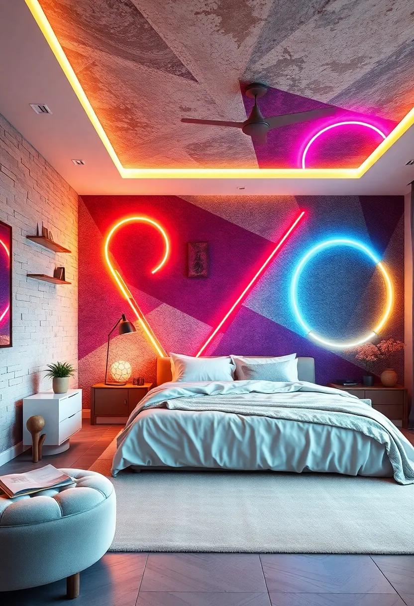 Futuristic Neon Light Murals Featuring Abstract Shapes ​and Vivid ‍Colors to ‍Energize the⁣ space