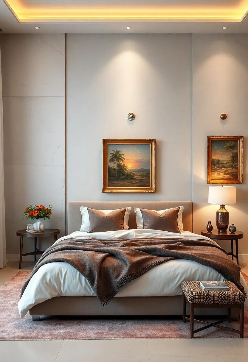 Timeless‍ Bedroom Oasis​ Featuring Soft Lighting and ⁢Classic Painting Replicas⁣ on Elegant Walls