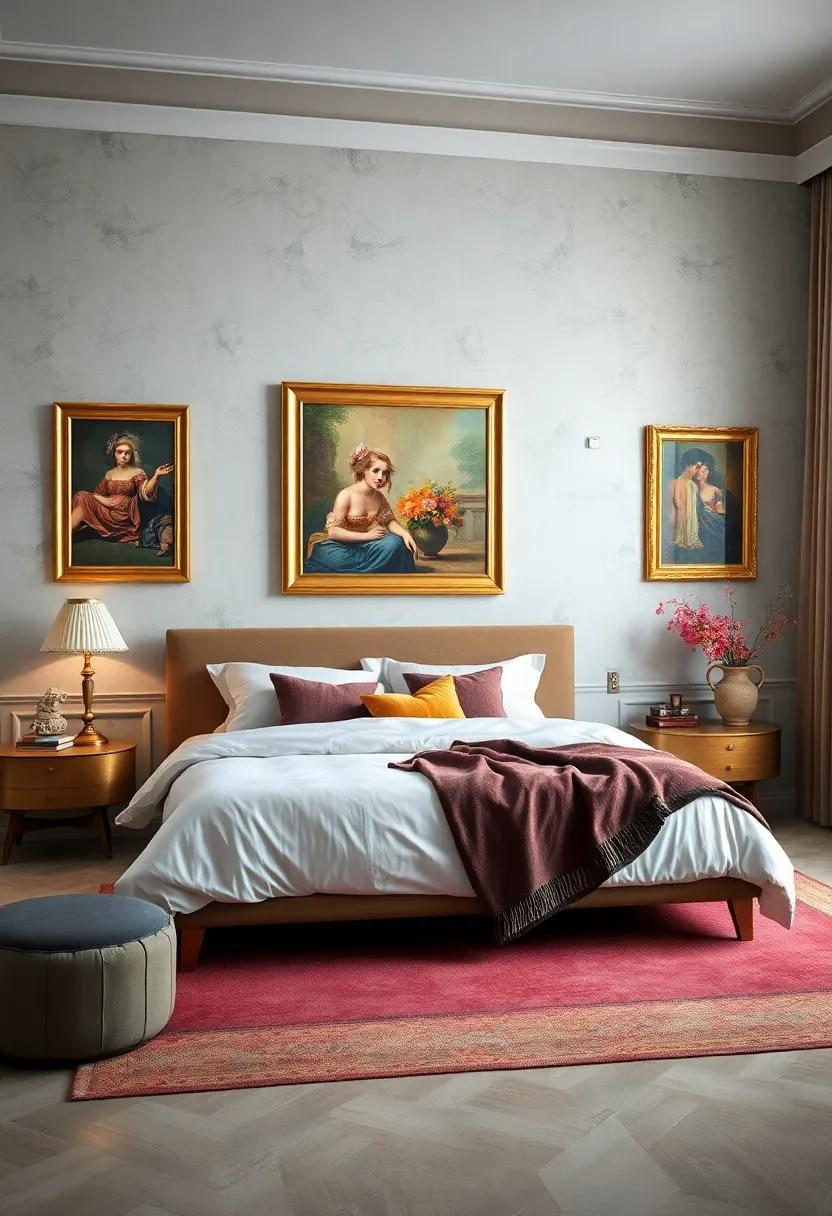 Muted Gold and Bronze Tones⁤ Accentuating ⁢Classic Painting replicas for‍ a Rich and Historic ⁤Bedroom Feel