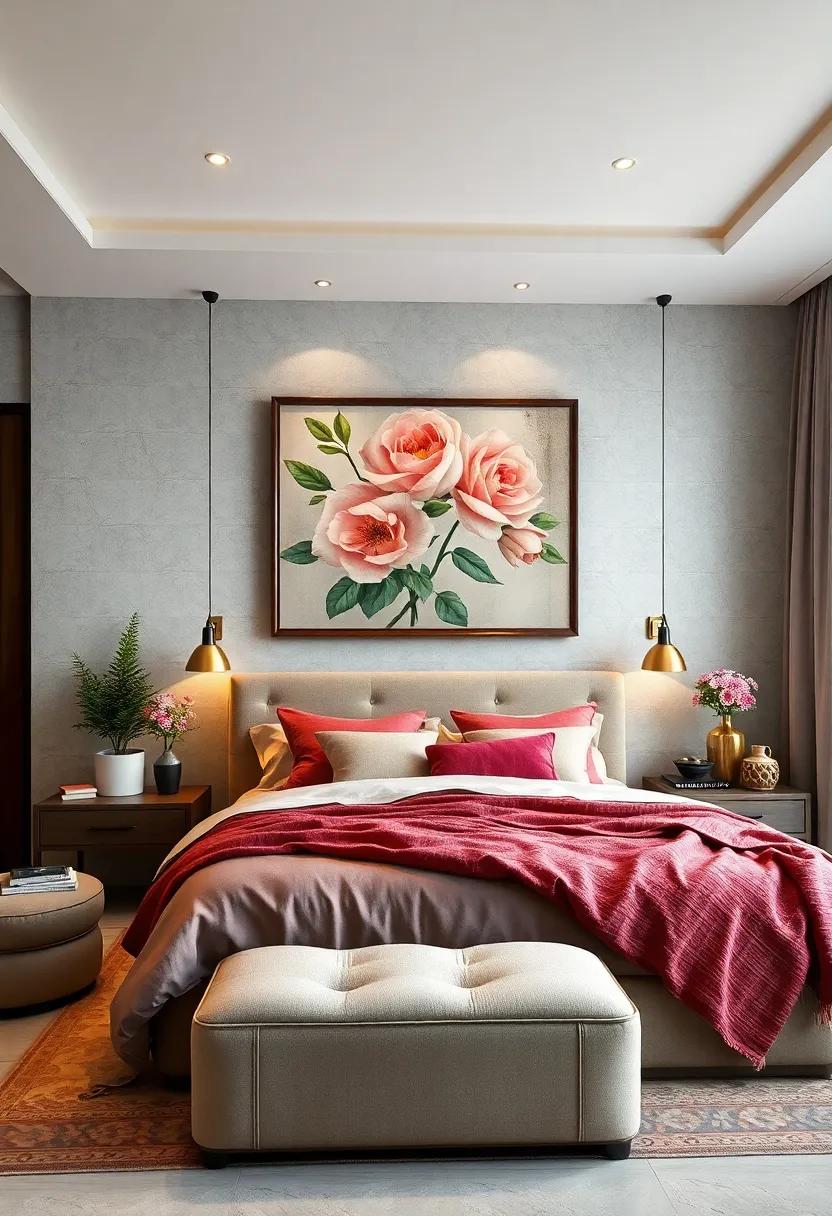 Classic Floral⁤ Pattern Integration with Painting‍ Replicas to Enrich Bedroom Walls with Natural Beauty