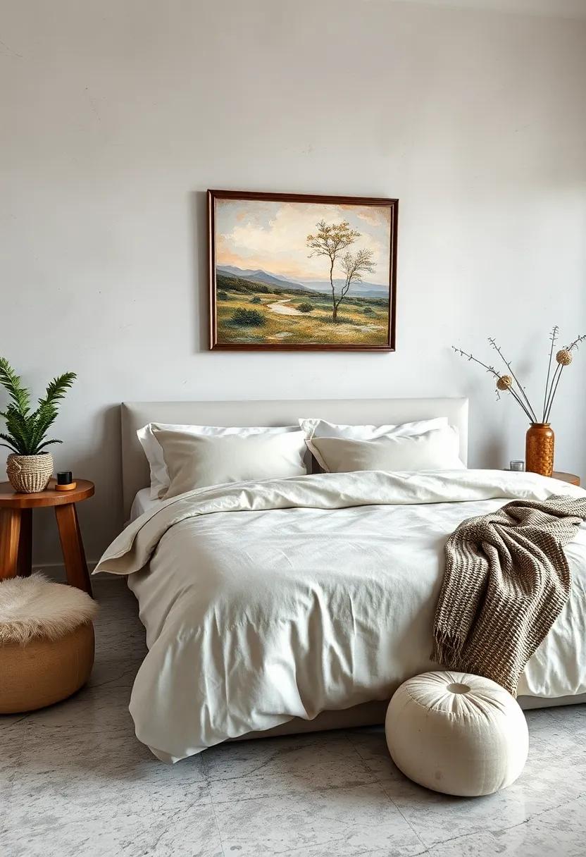 Neutral Linen Bedding Complemented by Classic Impressionist Painting Replicas Offering Gentle Sophistication