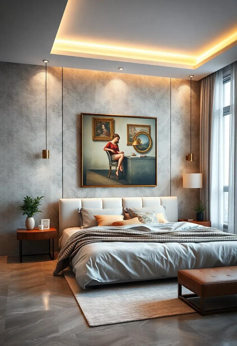Subtle Textured Wallpapers Complementing Classic Painting Replicas for a⁤ Luxurious⁢ Bedroom⁣ Ambiance