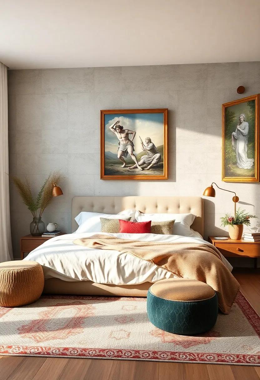 Soft Rugs and ​Classic Mythology Scenes on Walls Creating a Fantastical and Refined⁣ Bedroom Retreat