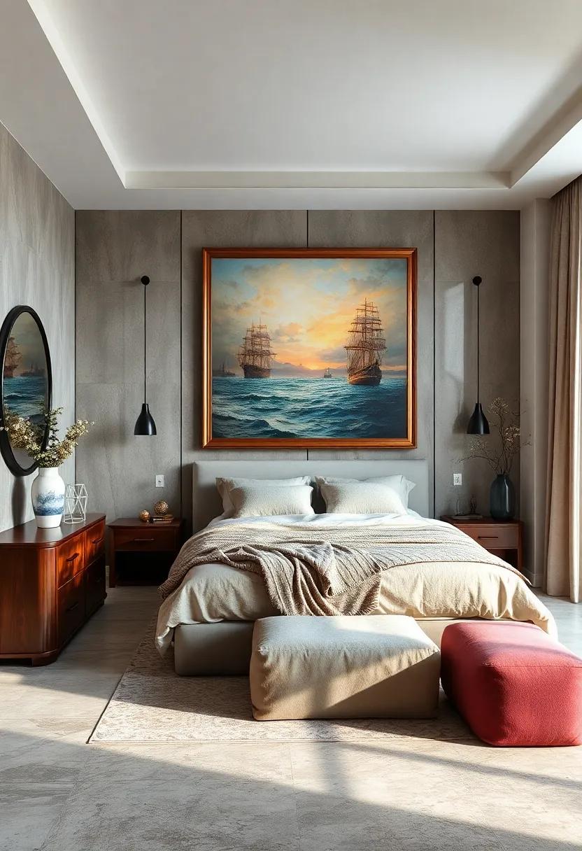 Reflective Surfaces and ​Classic Marine ⁤Painting Replicas ⁣introducing Depth and Mystery to Contemporary Bedrooms