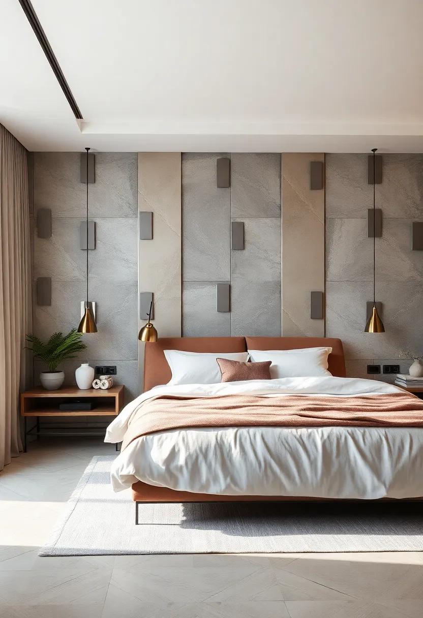 Serene Minimalist Bedroom Featuring Sleek Metal Accent Panels and Soft Neutral Tones